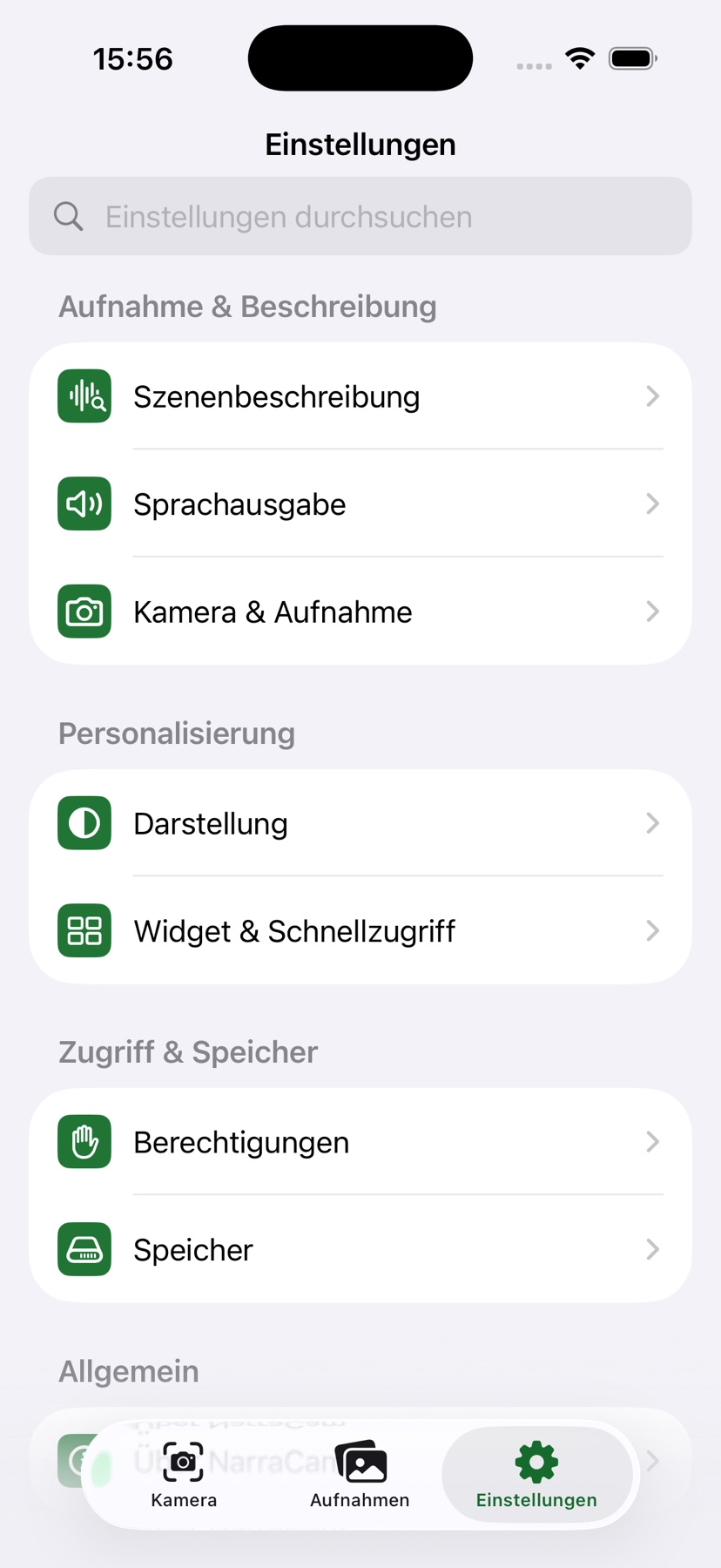 NarraCam-Einstellungen für Szenenbeschreibung, Sprachausgabe, Kamera, Darstellung und Speicher